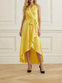 High-Low Loose Ruffle Trim Solid Color Tied Waist V-Neck Maxi Dresses