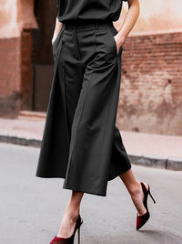 Loose Wide Leg Pockets Solid Color Ninth Pants Trousers