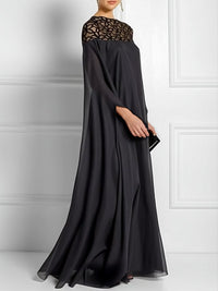 Batwing Sleeves Loose Jacquard See-Through Solid Color Split-Joint Three-Dimensional Flower Round-Neck Maxi Dresses