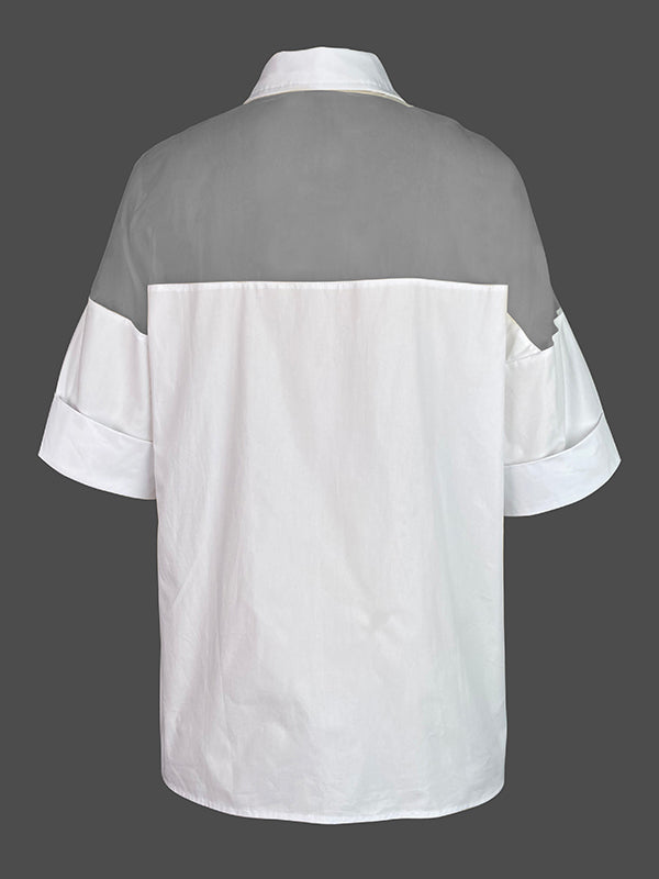 See-Through Solid Color Split-Joint Short Sleeves Lapel Blouses&shirts Tops