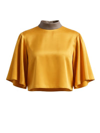 Contrast Color Pleated Cropped Flared Sleeves Stand Collar Blouses&Shirts Tops