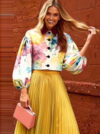 Long Sleeves Puff Sleeves Buttoned Contrast Color Print Lapel Blouses&Shirts Tops