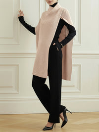 Asymmetric Solid Color Split-Joint Loose High Neck Sweater Tops