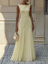 Gauze Pleated Solid Color Split-Joint Sleeveless Boat Neck Maxi Dresses Evening Dresses