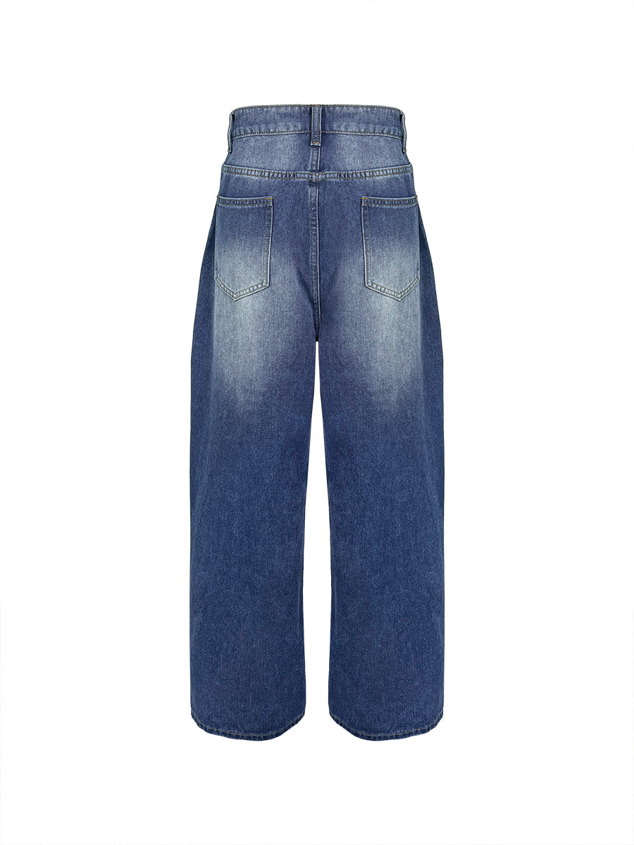 High Waisted Loose Buttoned Geometric Hollow Pockets Split-Joint Jean Pants Bottoms