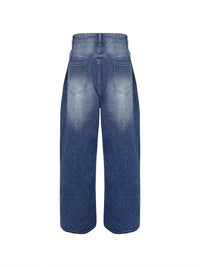 High Waisted Loose Buttoned Geometric Hollow Pockets Split-Joint Jean Pants Bottoms
