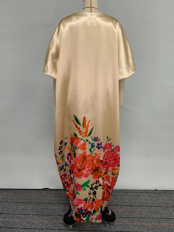 Elasticity Flower Print Split-Front A-Line Half Sleeves V-Neck Maxi Dresses