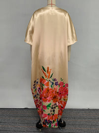 Elasticity Flower Print Split-Front A-Line Half Sleeves V-Neck Maxi Dresses