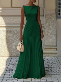 Gauze Pleated Solid Color Split-Joint Sleeveless Boat Neck Maxi Dresses Evening Dresses