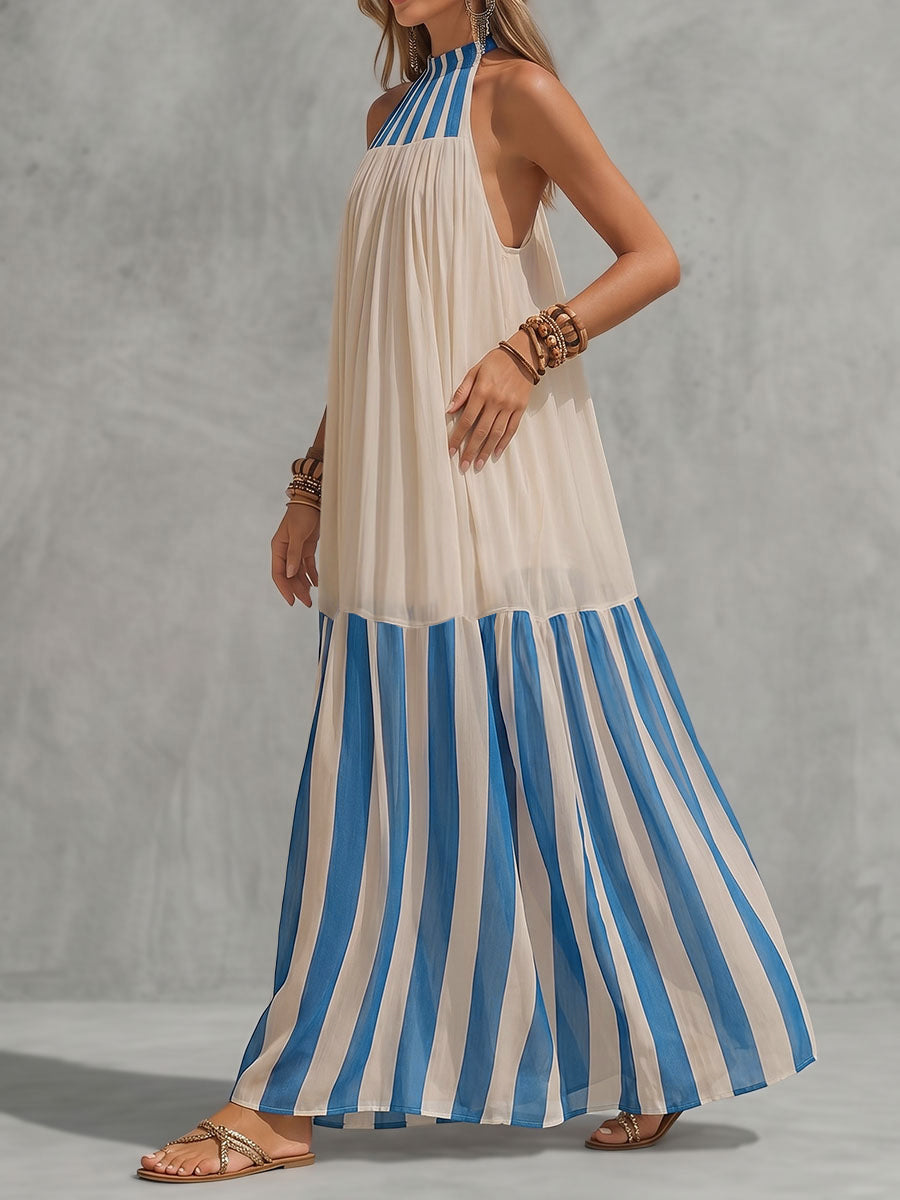 Contrast Color Pleated Striped A-Line Loose Halter-Neck Maxi Dresses