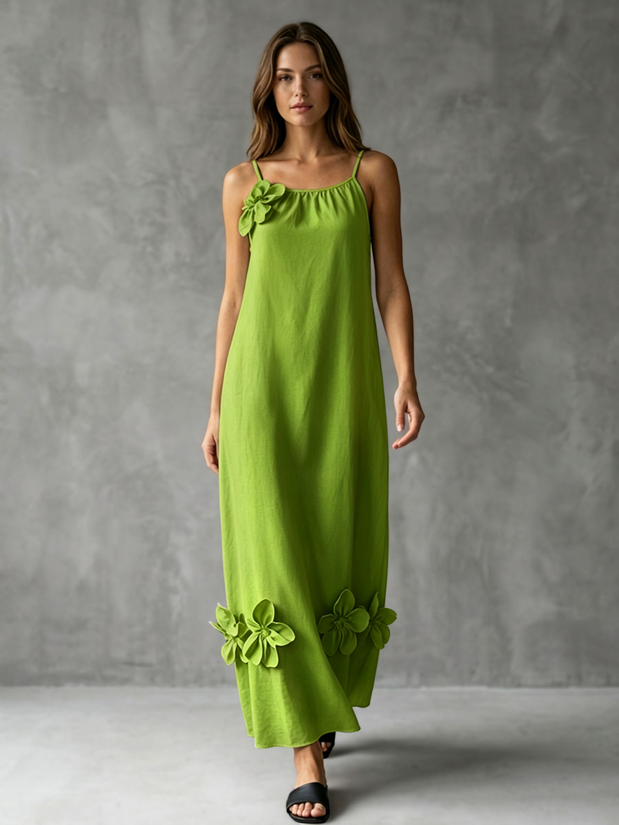 Pleated Solid Color Split-Joint Three-Dimensional Flower A-line Loose Spaghetti-Neck Midi Dresses