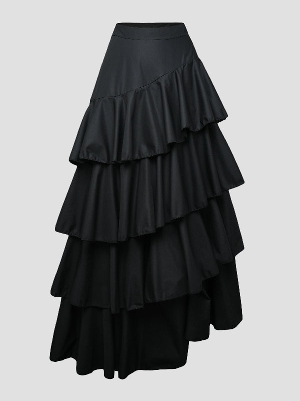 A-Line High Waisted Falbala Solid Color Long Skirts Skirts Bottoms