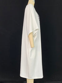 Loose Three-Quarter Sleeves Printed Split-Front Round-Neck Midi Dresses