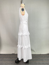 A-Line High Waisted Buttoned Pleated Pockets Solid Color Split-Joint V-Neck Maxi Dresses