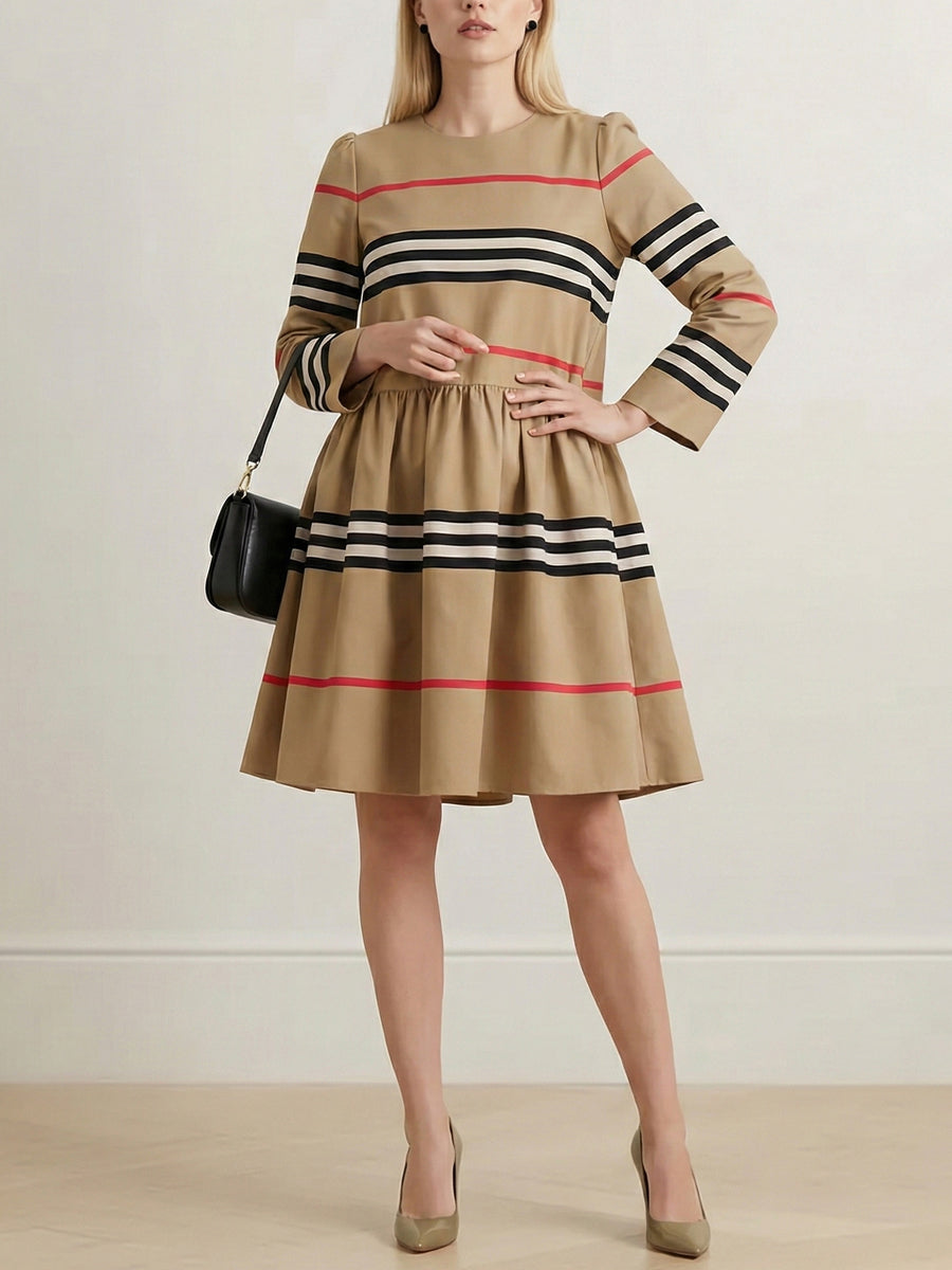A-Line High Waisted Contrast Color Pleated Striped Zipper Mock Neck Midi Dresses