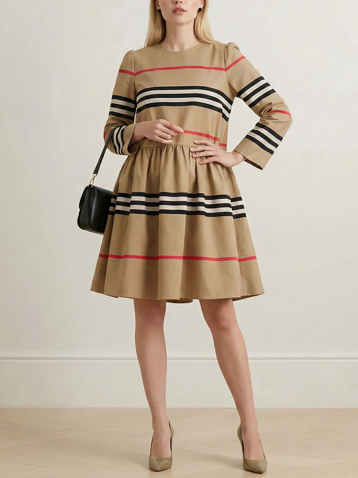 A-Line High Waisted Contrast Color Pleated Striped Zipper Mock Neck Midi Dresses