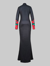 Flower Print Multi-Colored Skinny High Neck Maxi Dresses