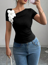 Short Sleeves Skinny Pleated Solid Color Three-Dimensional Flower Asymmetric Collar T-Shirts Tops