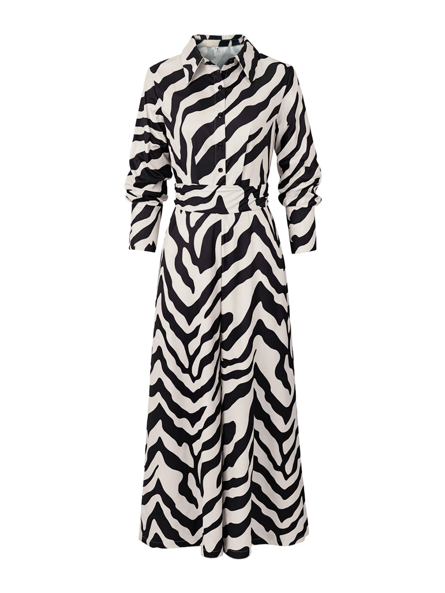 Long Sleeves Wide Leg Split-Joint Tied Waist Zebra Printed Lapel Jumpsuits