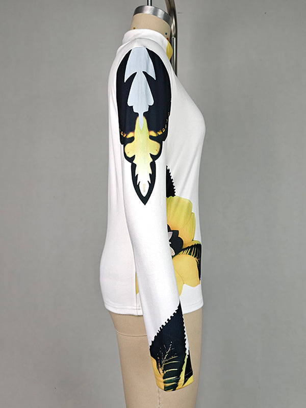 Flower Print Long Sleeves Skinny High Neck T-Shirts Tops