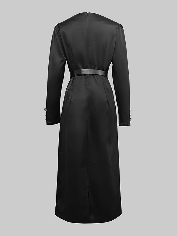 Buttoned Solid Color Long Sleeves Puff Sleeves Deep V-Neck Midi Dresses