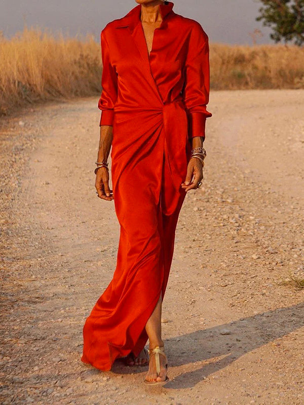 Long Sleeves Loose Solid Color Lapel Collar Maxi Shirt Dresses