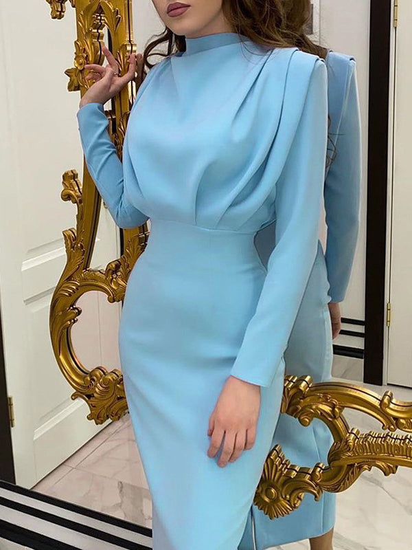 High Waisted Long Sleeves Pleated Solid Color Mock Neck Maxi Dresses Midi Dresses