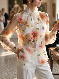 Long Sleeves Loose Flower Print Ruffled Tied Stand Collar Blouses&Shirts Tops