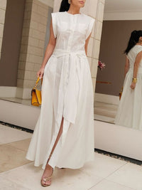 Buttoned Solid Color Split-Side Tied Waist Cap Sleeve Loose Shirt Dress Maxi Dresses
