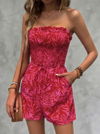 Leaves Print Pleated Pockets Solid Color Split-Joint Tied Waist Sleeveless Tube Rompers