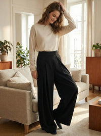 Pleated Solid Color High Waisted Loose Pants