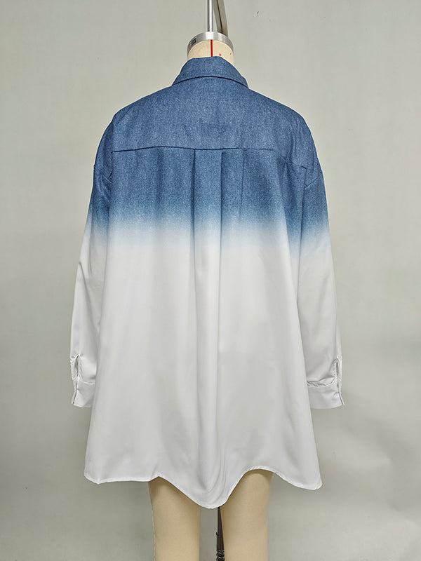 Gradient Printed Split-Joint Split-side High-low Loose Lapel Blouses&shirts Tops