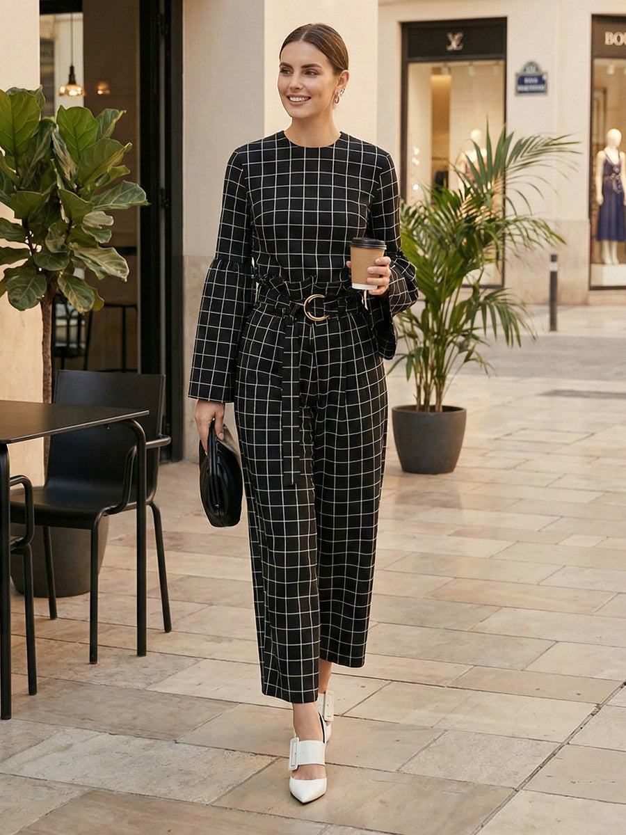 Flared Sleeves Long Sleeves Contrast Color Plaid Split-Joint Round-Neck Blouses&Shirts Tops