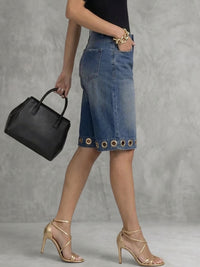 High Waisted Wide Leg Buttoned Hollow Pockets Solid Color Split-Joint Jean Pants Bottoms Shorts Bottoms