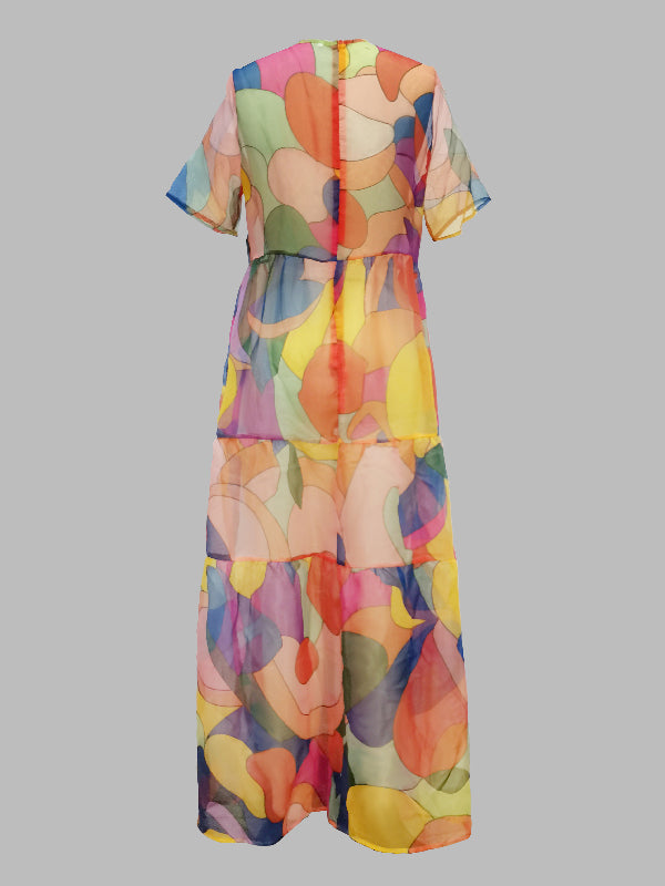 Loose Short Sleeves Multi-Colored Split-Joint Maxi Dresses
