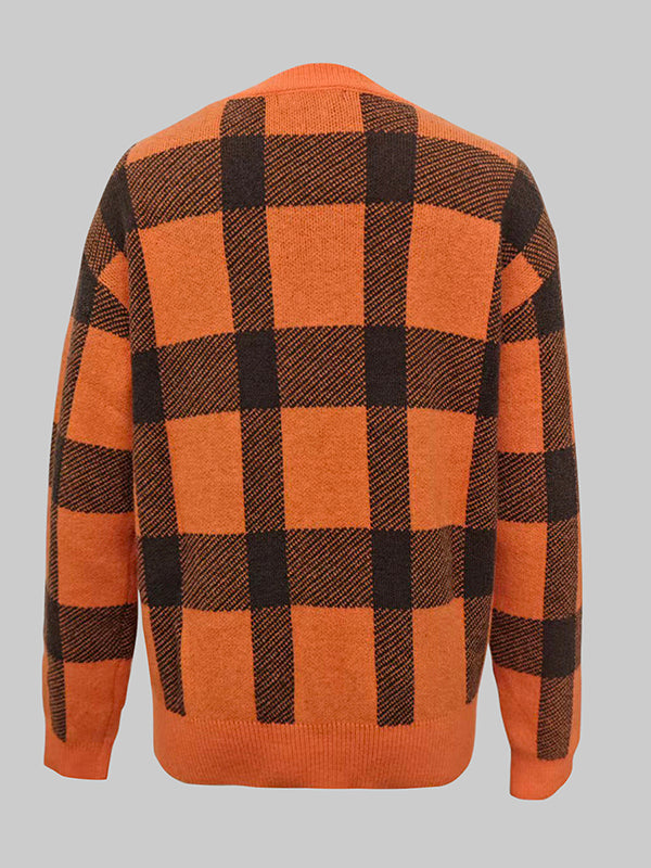Contrast Color Plaid Long Sleeves Mock Neck Sweater Tops