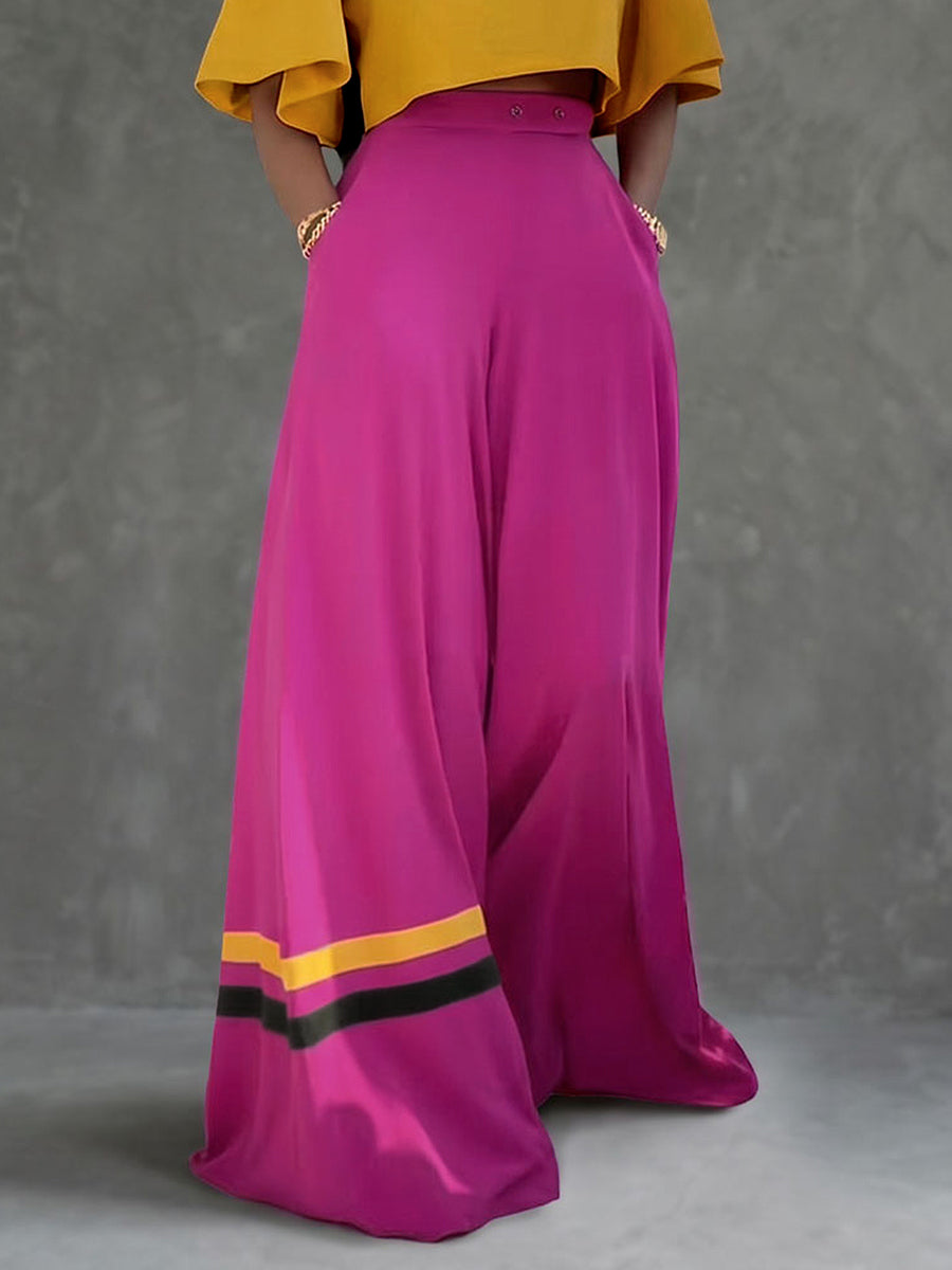 Buttoned Contrast Color Pockets High Waisted Wide Leg Trousers Pants