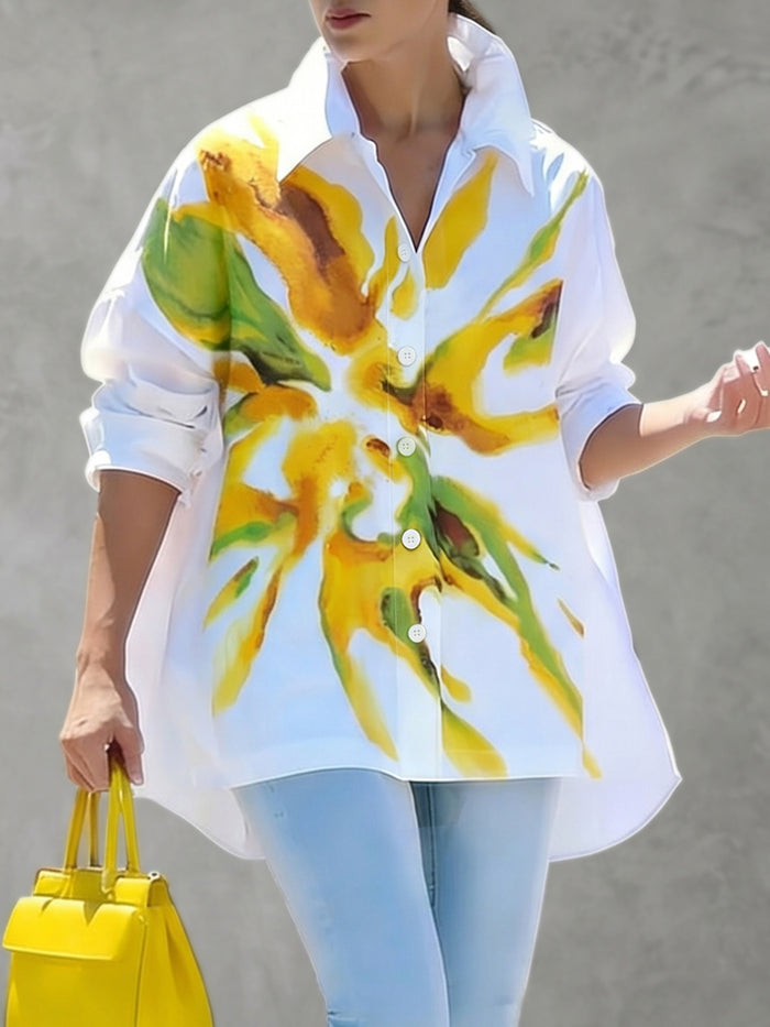 High-Low Long Sleeves Buttoned Contrast Color Flower Print Lapel Blouses&Shirts Tops