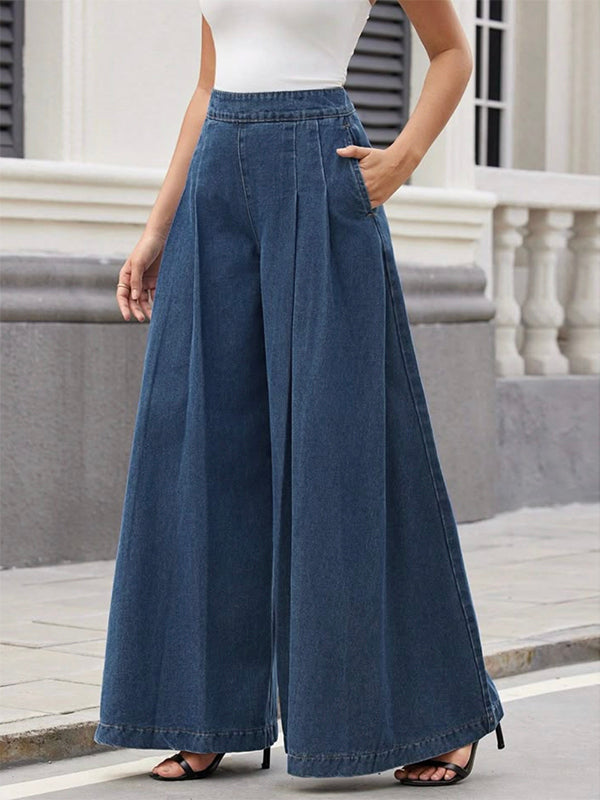 Loose Wide Leg Pleated Pockets Solid Color Jean Pants Bottoms Trousers