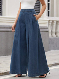 Loose Wide Leg Pleated Pockets Solid Color Jean Pants Bottoms Trousers