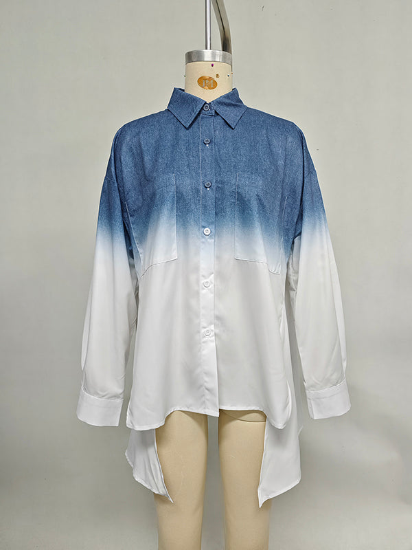 Gradient Printed Split-Joint Split-side High-low Loose Lapel Blouses&shirts Tops