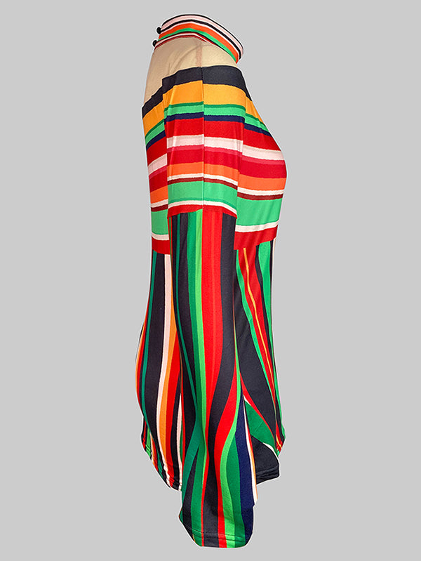 Contrast Color Striped Long Sleeves Loose Halter-Neck T-Shirts Tops