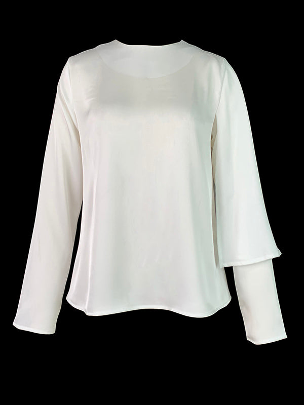Asymmetric Solid Color Split-Joint Long Sleeves Loose Round-neck T-Shirts Tops