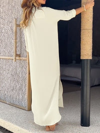 Long Sleeves Loose Buttoned Pockets Split-Side Lapel Maxi Dresses Shirt Dress