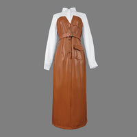 Belted Buttoned Split-Joint Long Sleeves Skinny Lapel Shirt Dress Midi Dresses