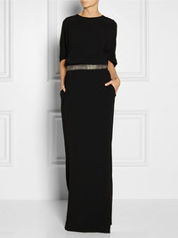 Half Sleeves Loose Rhine Stones Split-Joint Round-Neck Maxi Dresses