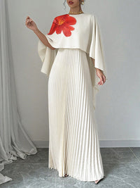 Floral Printed Pleated Split-Joint Cape Loose Round-neck Maxi Dresses Evening Dresses