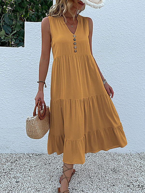 Loose Sleeveless Pleated Split-Joint V-Neck Midi Dresses