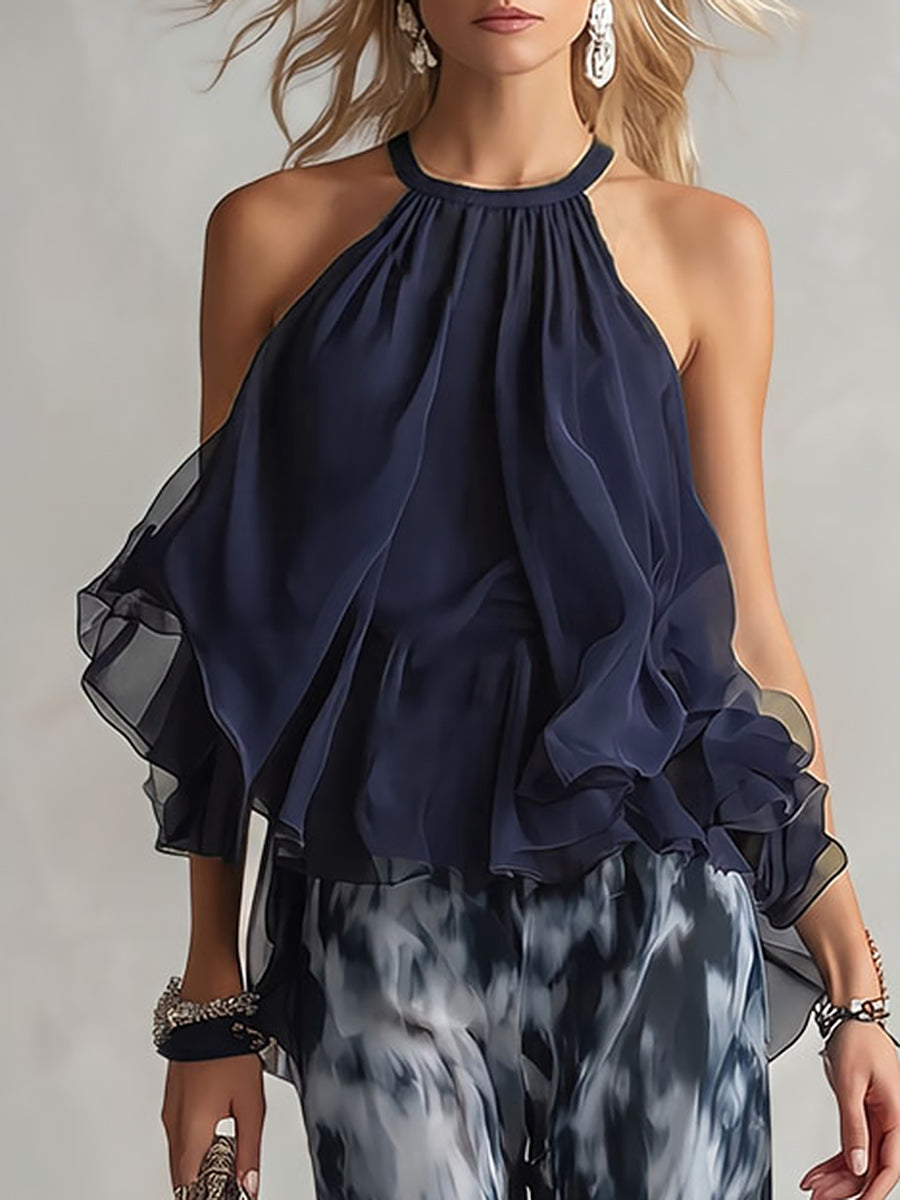 Pleated Ruffled Solid Color A-Line Sleeveless Halter-Neck Tank Top