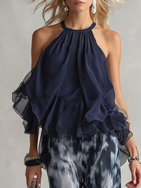 Pleated Ruffled Solid Color A-Line Sleeveless Halter-Neck Tank Top